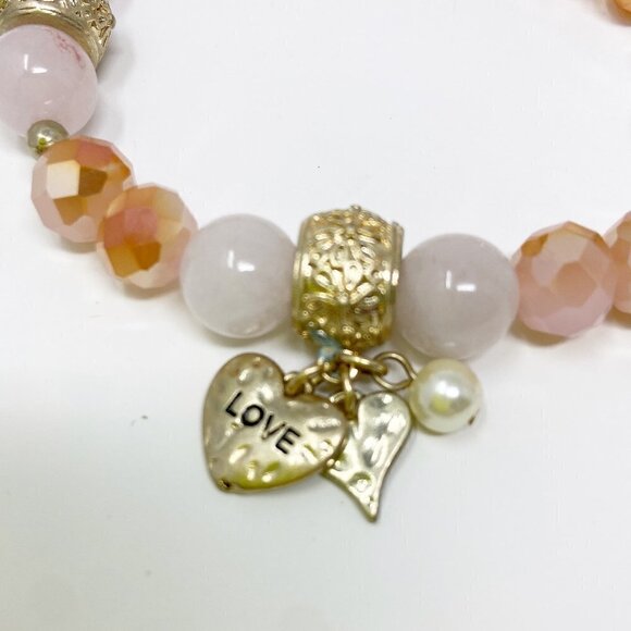 Pink Beaded Stretch Bracelet w/Love Hearts and Pearl Charms - Picture 4 of 4